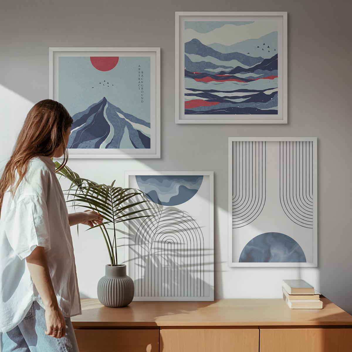 BILDER SET 4er Set - 50x50 cm & 40x60 cm Weißer Rahmen - Abstrakte Berglandschaften - Weiß, Kunststoff (50/50cm) - TULUP