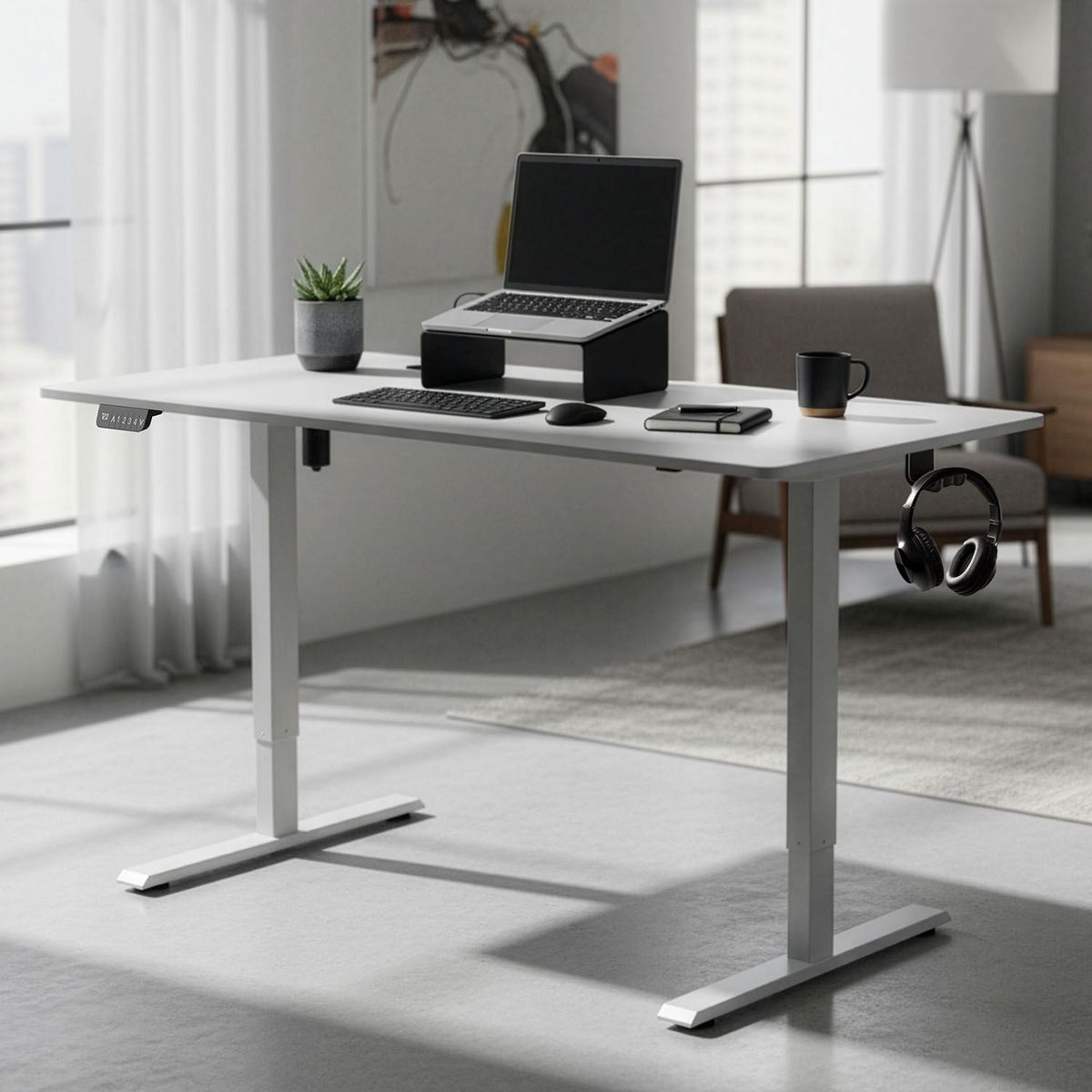 SCHREIBTISCH Office Stand weiß 140x60 cm höhenverstellbar - Weiß, Holz (60/140/117cm) - Juskys