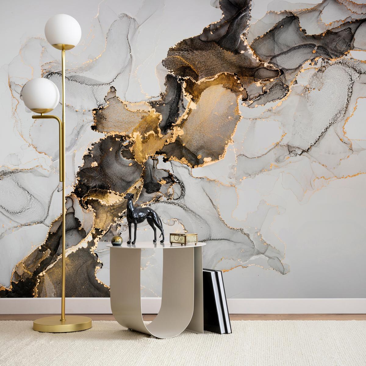 FOTOTAPETE für Badezimmer Moderner Grauer Marmor Gold Schwarz Imitation 500x350 - Beige/Grau, Papier (500/350cm) - Muralo