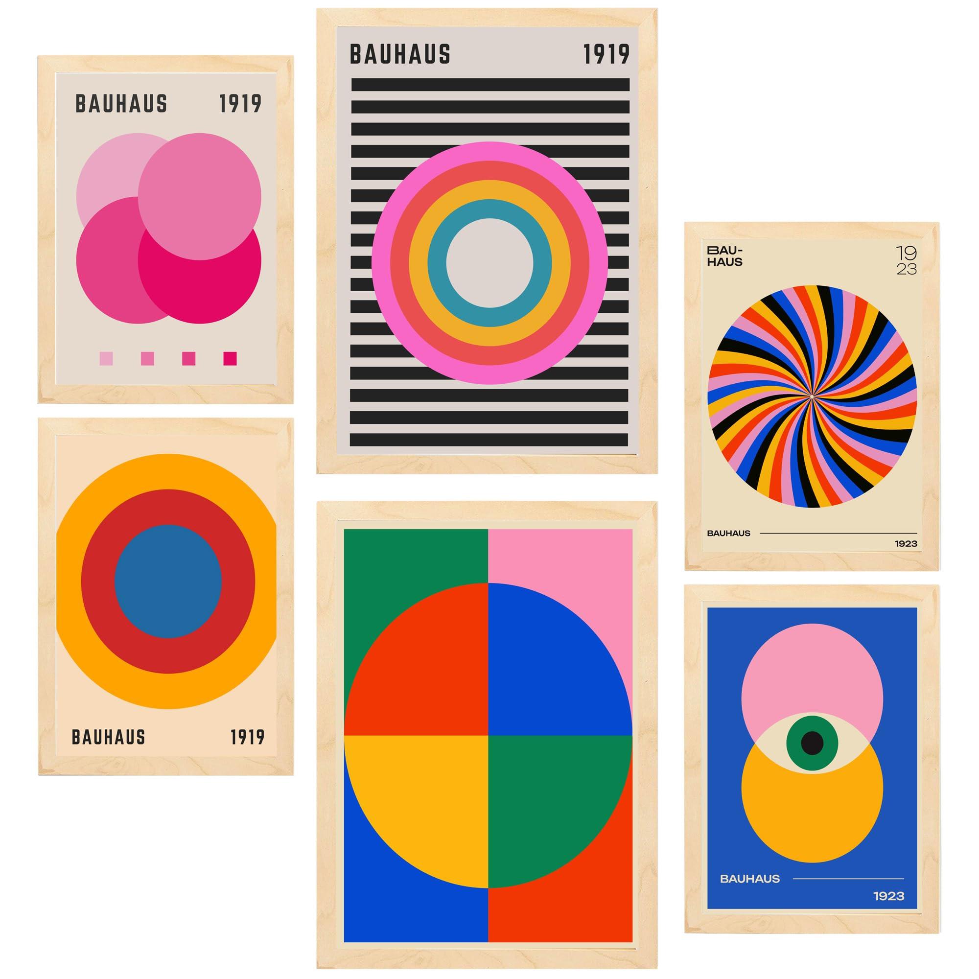POSTER Set Mit 6 Bauhaus Geometrische Formen In Leuchtenden Farben A3 & A4 Rahmen Aus Hellem Holz - Beige, Papier (29/3cm) - Nacnic
