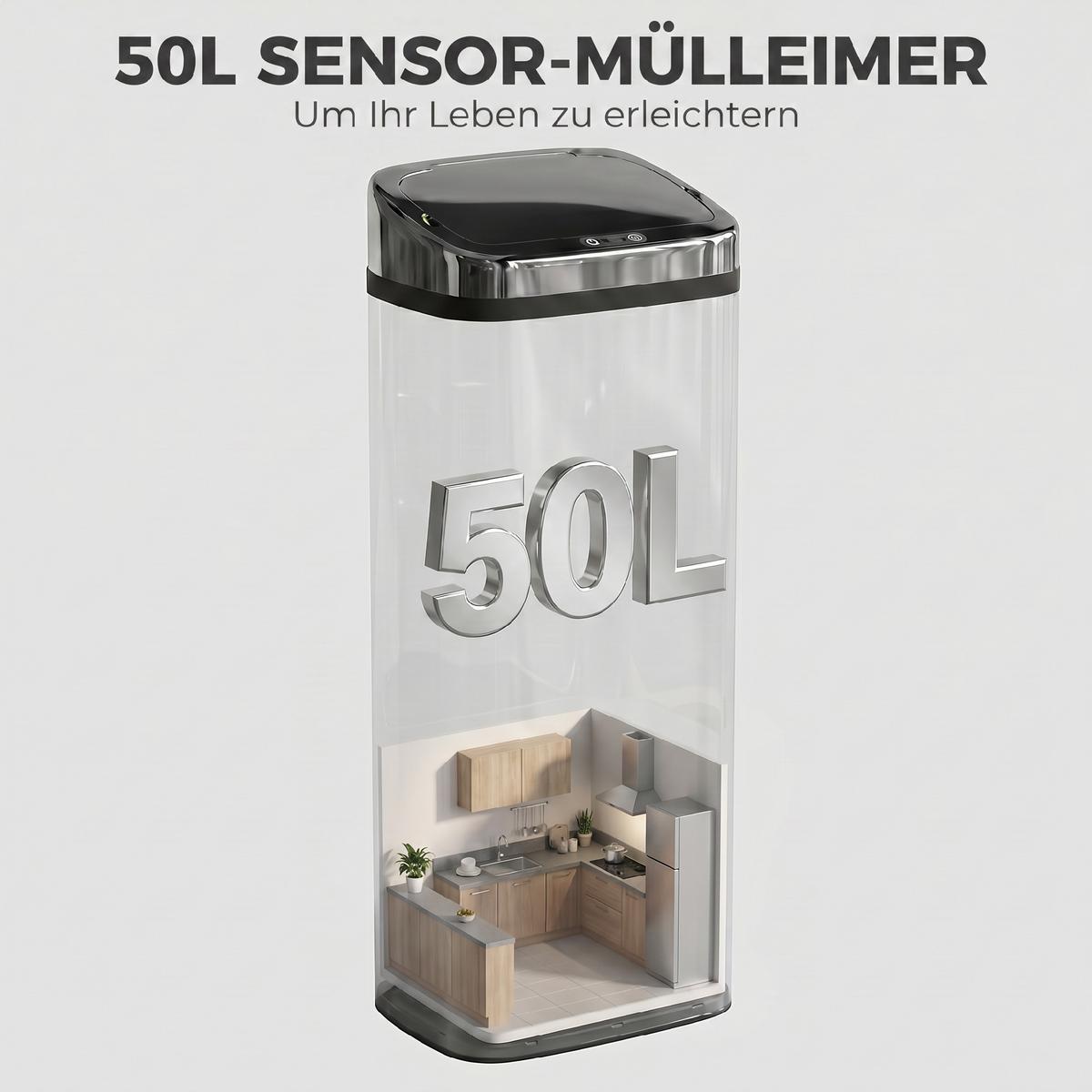 AUTOMATIK Mülleimer Abfalleimer mit Sensor Küche Edelstahl viereckig 50L - Silberfarben, Metall (25/84/33cm) - HOMCOM