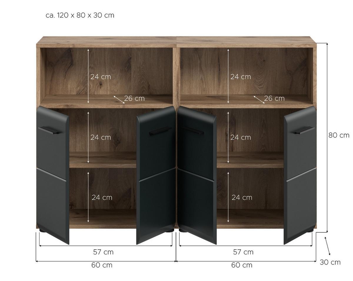 MIDISCHRANK Set Schwarz matt und Eiche, 2x Bad Kommode, gesamt 120 x 80 cm - Eichefarben/Schwarz, Holzwerkstoff/Kunststoff (120/80/30cm) - Inn.Furn