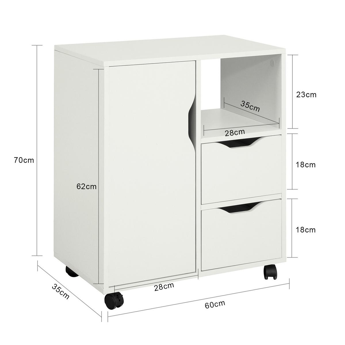 ROLLCONTAINER, Druckerschrank auf Rollen, 60x70x35 cm, weiß, 2 Schubladen, Türfach und offenes Fach, für Büro, Homeoffice & 3D-Drucker - Weiß, Holzwerkstoff (60/70/35cm) - SoBuy