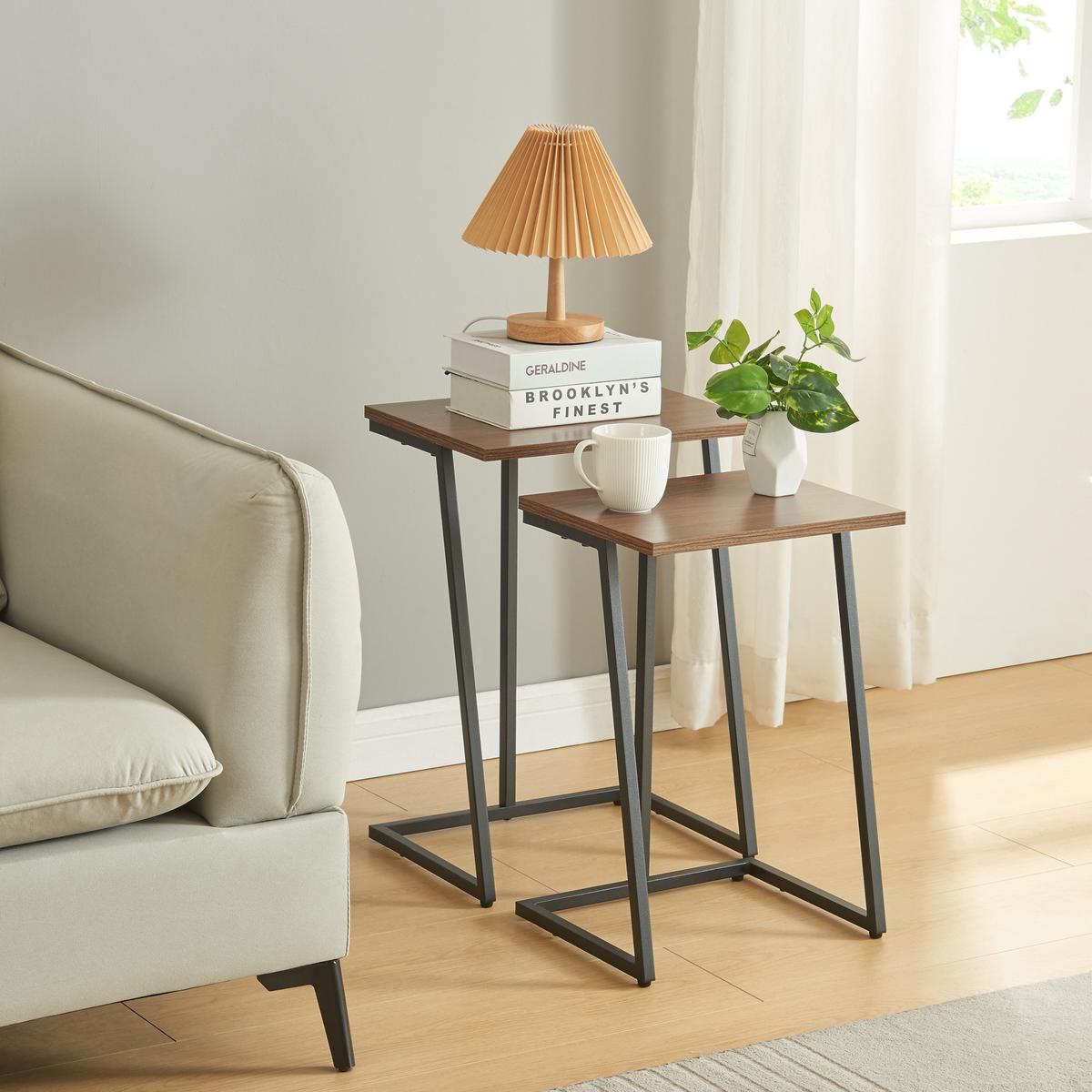 SATZTISCH-SET 2 TLG. Salem - Walnussfarben/Schwarz, Holzwerkstoff/Metall (40/30/56cm) - [en.casa]