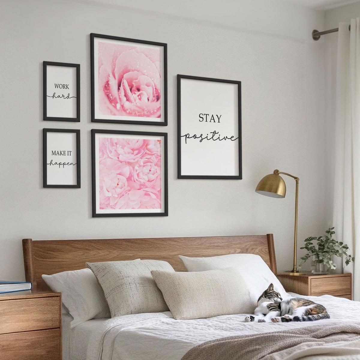BILDER SET 5er Set - 50x50 cm & 20x30 cm & 40x60 cm Schwarzer Rahmen - Minimalistische rosa Blüten - Schwarz, Kunststoff (40/60cm) - TULUP