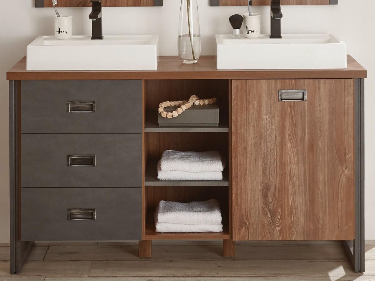 WASCHTISCHKOMBI Eiche Stirling und Grau, Doppelwaschtisch inklusive 2x Waschbecken, 138 x 75 cm - Eichefarben/Grau, Holzwerkstoff/Metall (138/85/40cm) - Furn.Design