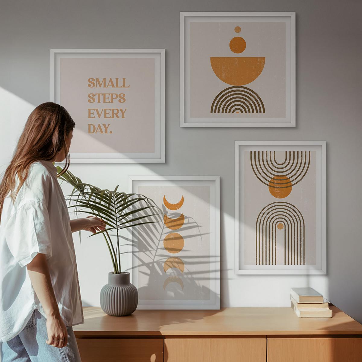 BILDER SET 4er Set - 50x50 cm & 40x60 cm Weißer Rahmen - Minimalistische Boho-Muster - Weiß, Kunststoff (50/50cm) - TULUP