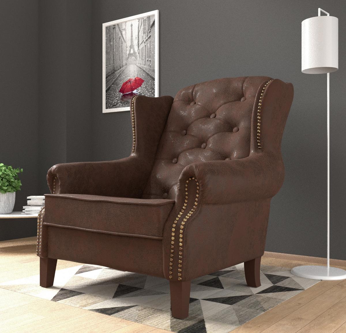 CHESTERFIELD-SESSEL Anton Braun Microfaser Vintageoptik - Braun, Holz/Textil (102/102/93cm) - S-Style Möbel