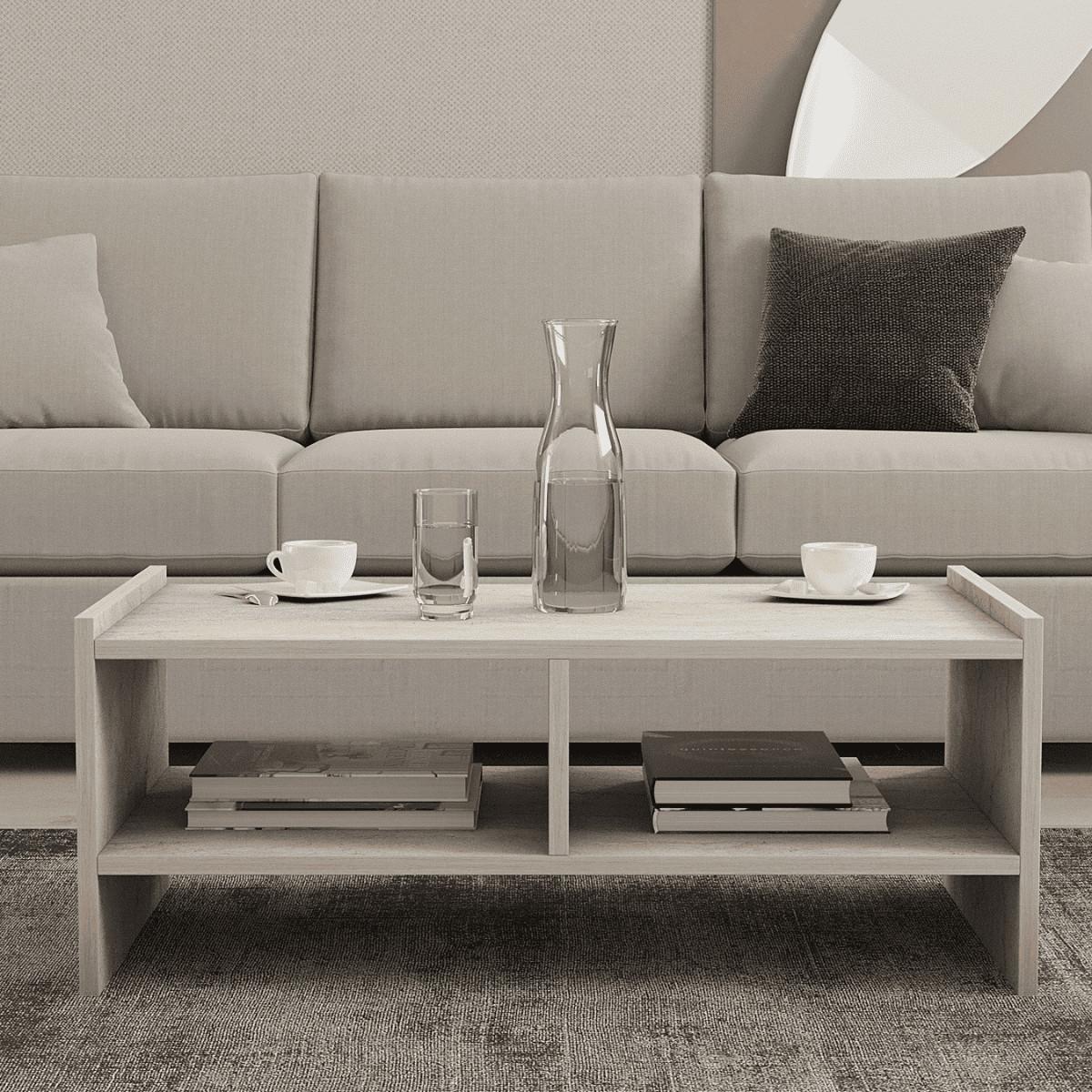 COUCHTISCH mit 2 offenen fächern, travertin-dekor - pera 90/50/35 cm - Beige, Holzwerkstoff (94/50/35cm) - Calicosy