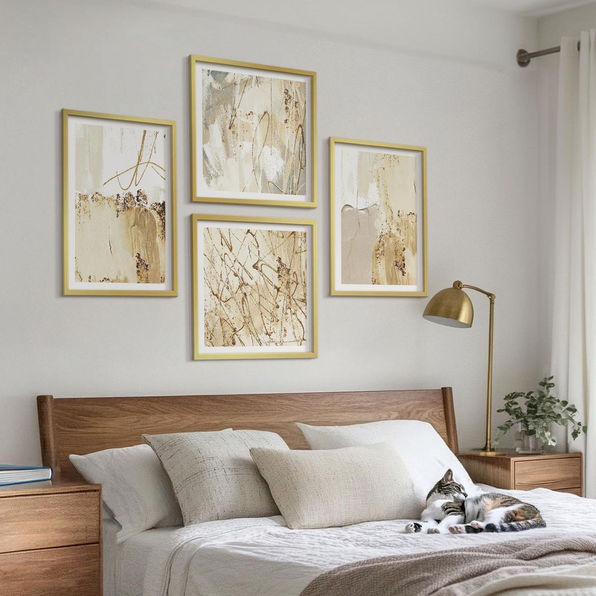 BILDER SET 4er Set - 50x50 cm & 40x60 cm Goldrahmen - Abstrakte Muster beige weiß - Goldfarben, Kunststoff (50/50cm) - TULUP