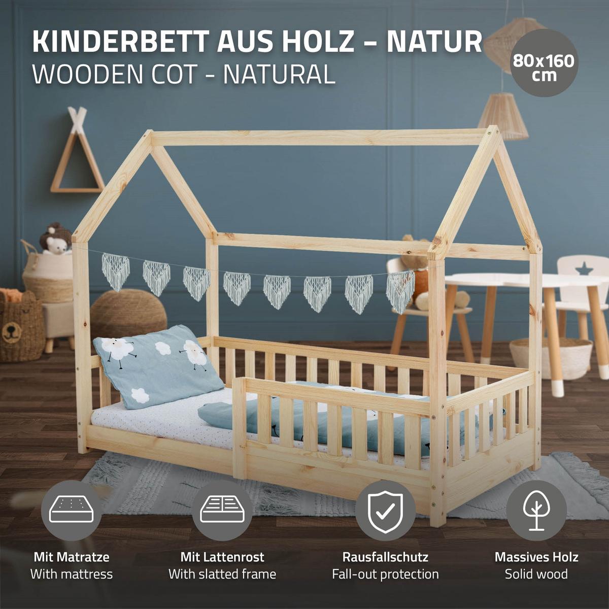 KINDERBETT mit Dach und Matratze 80x160 cm Natur - Naturfarben, Holz (80/160cm) - ML-DESIGN