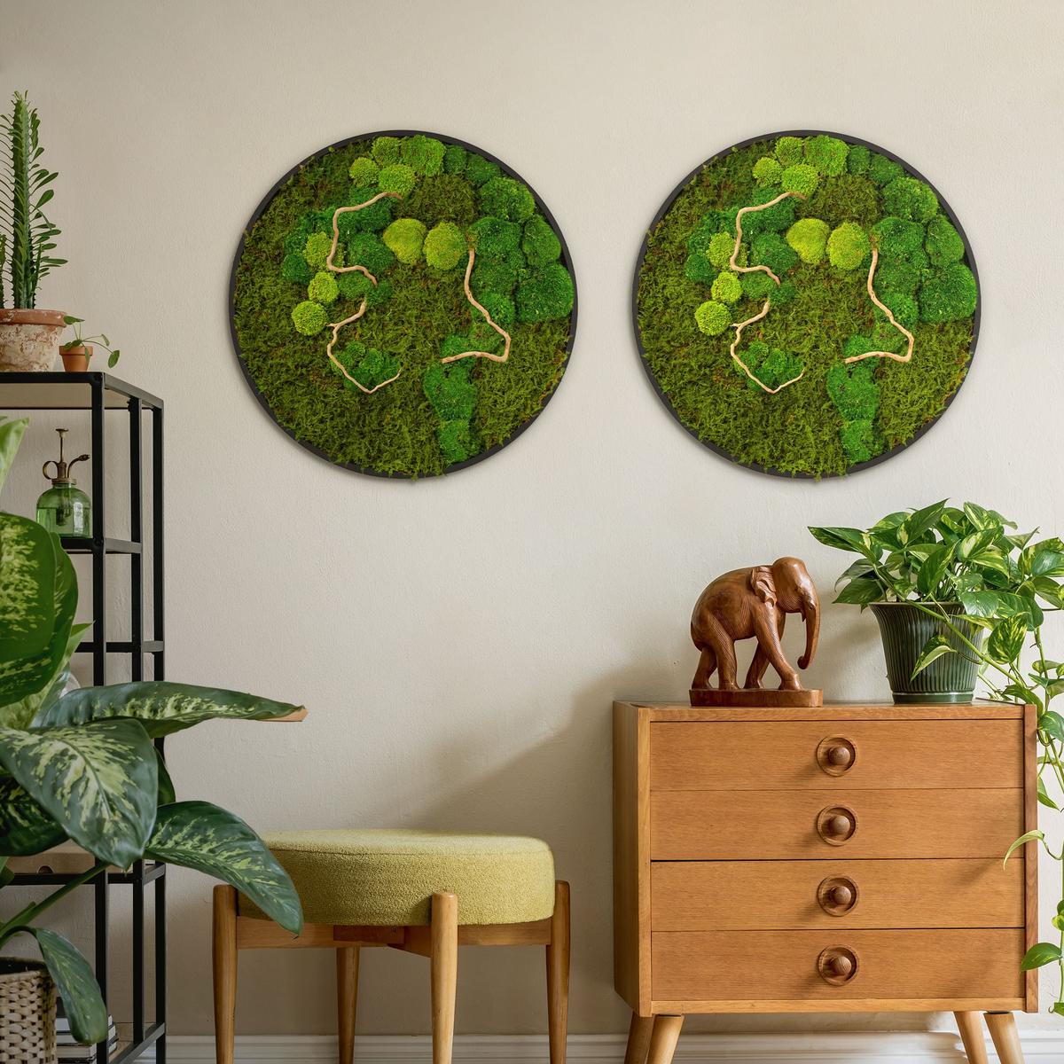 MOOSBILD Rund Ø 60 cm Mooswand Indoor mit echtem Kugelmoos-Flachmoos-Mix und Ästen Holzrahmen Grün - Grün, Naturmaterialien (60/60/3cm) - ECD-Germany