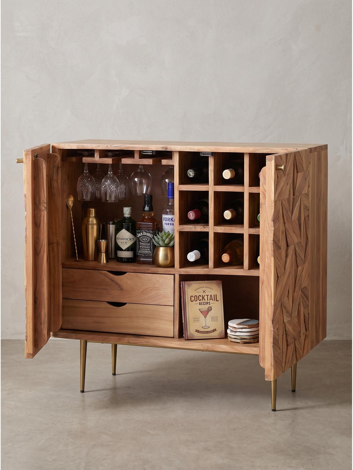 HAUSBAR MERTOLA, Akazie Massivholz, mit Holzstruktur, 90 x 45 x 78 cm - Goldfarben/Akaziefarben, Holz/Metall (90/78/45cm) - KADIMA DESIGN
