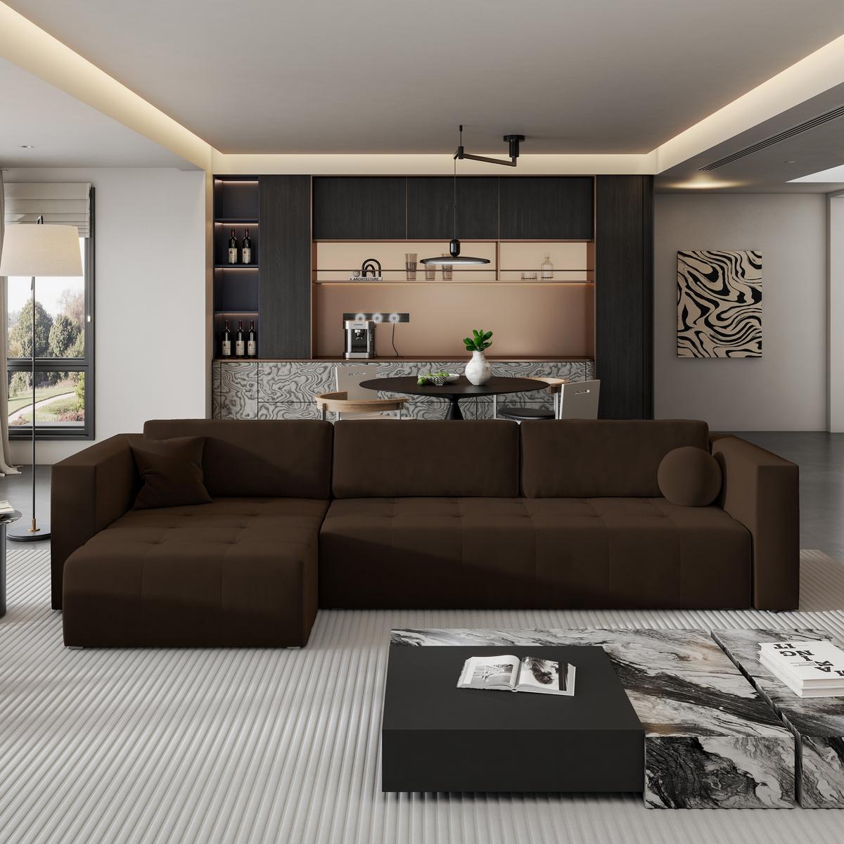 ECKSOFA OLVERA Braun Plüsch-Stoff mit Schlaffunktion - Braun, Holz (347/148cm) - MASSENO