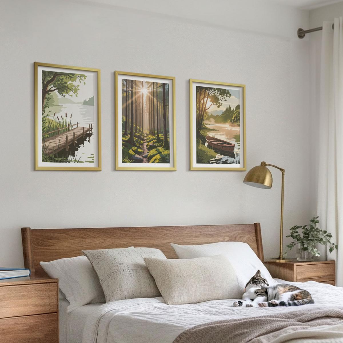 BILDER SET 3er Set - 40x60 cm Goldrahmen - Landschaft aus Wald, See und Boot - Goldfarben, Kunststoff (40/60cm) - TULUP