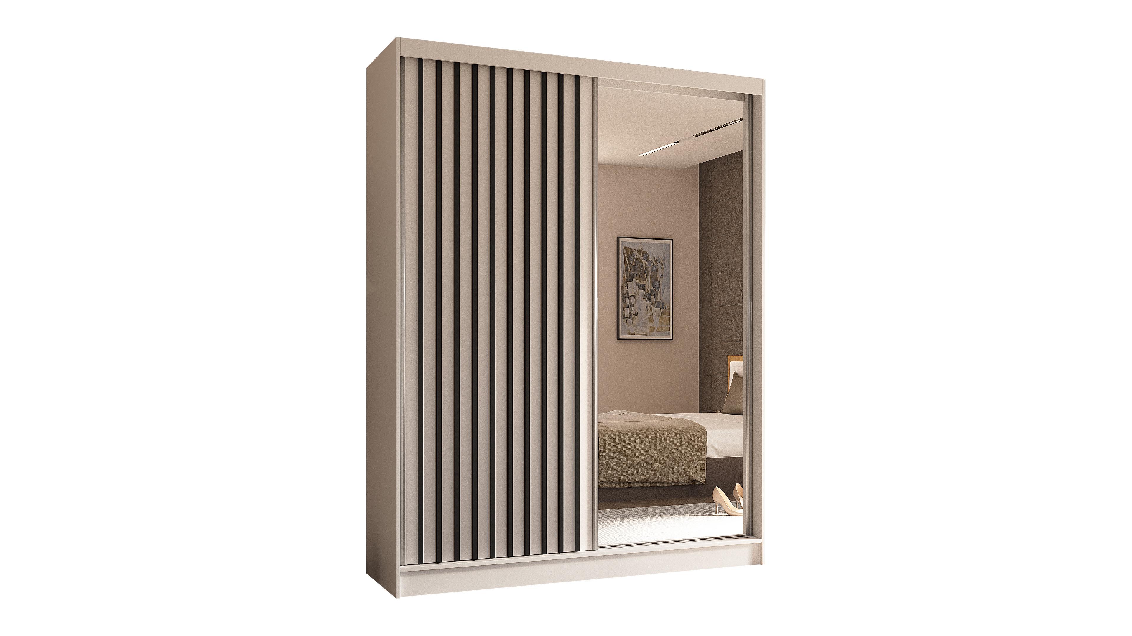 KLEIDERSCHRANK mit Spiegel-Schiebetüren und Aluminium-Leisten, LED-Beleuchtung - LAMELO - 160 cm Weiß+Weiß+Schwarz - Schwarz/Weiß, Holzwerkstoff (160/216/61cm) - ALTDECOR