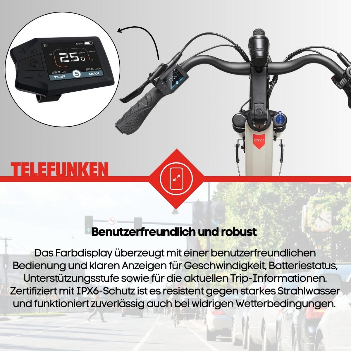E-BIKE Cityrad RC680 Elektrofahrrad 28 Zoll Mittelmotor 10-Gang Kettenschaltung 705,6 Wh Pedelec - Grau, Metall (115cm) - Telefunken
