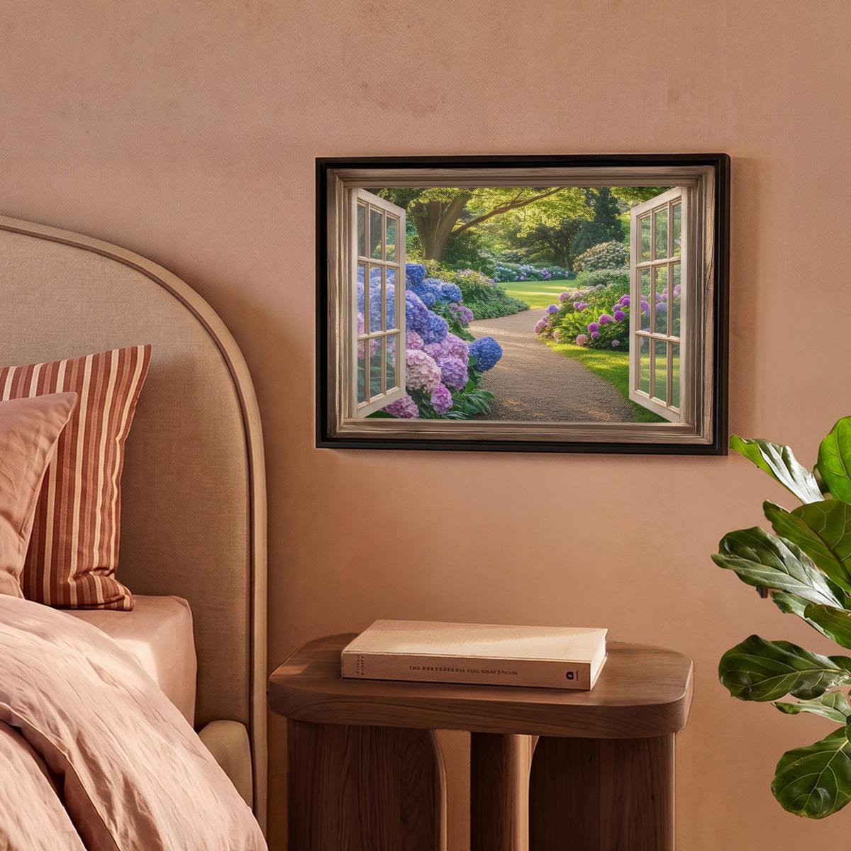 LEINWAND Bilder mit Rahmen - Aussicht - Garten - Fenster - Hortensie - Blumen - 40x30 - Pastellblau, Textil (40/30cm) - MuchoWow