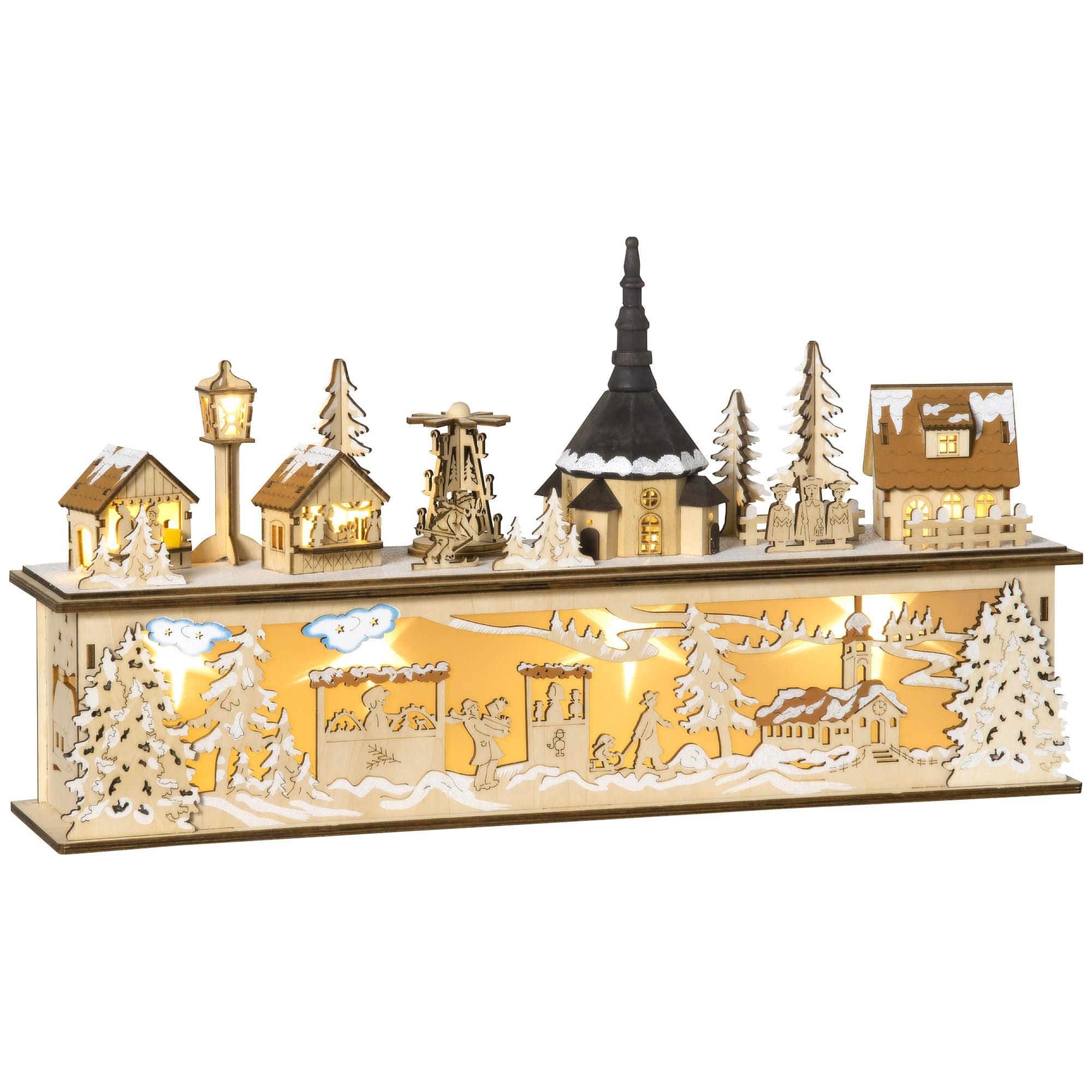 WEIHNACHTSDEKO Verschneites Weihnachtsdorf mit 10 LEDs Natur 45 x 10 x 25 cm - Naturfarben, Holz (10/25/45cm) - HOMCOM