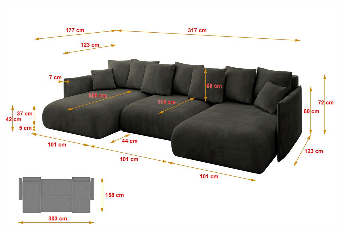 WOHNLANDSCHAFT mit Schlaffunktion und Bettkasten ONESK-U 317x177x72 Schwarz Velours - Schwarz, Holzwerkstoff/Kunststoff (317/72/177cm) - ALTDECOR