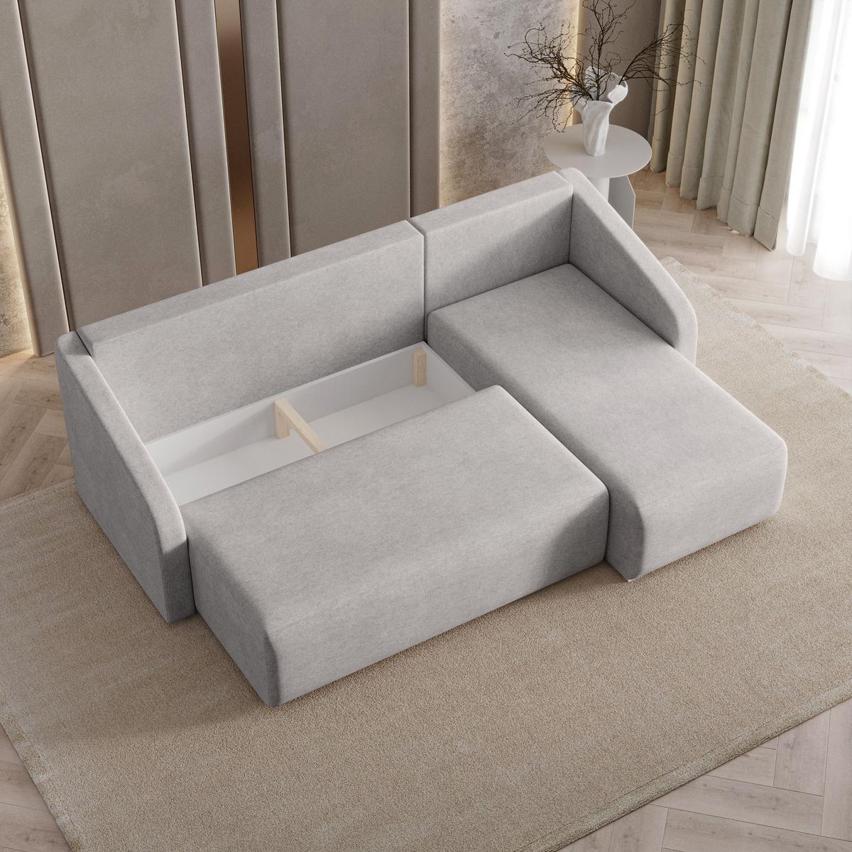 ECKSOFA MARELLO Hellgrau Geflochtener Stoff mit Schlaffunktion - Hellgrau, Holz (220/143cm) - MASSENO