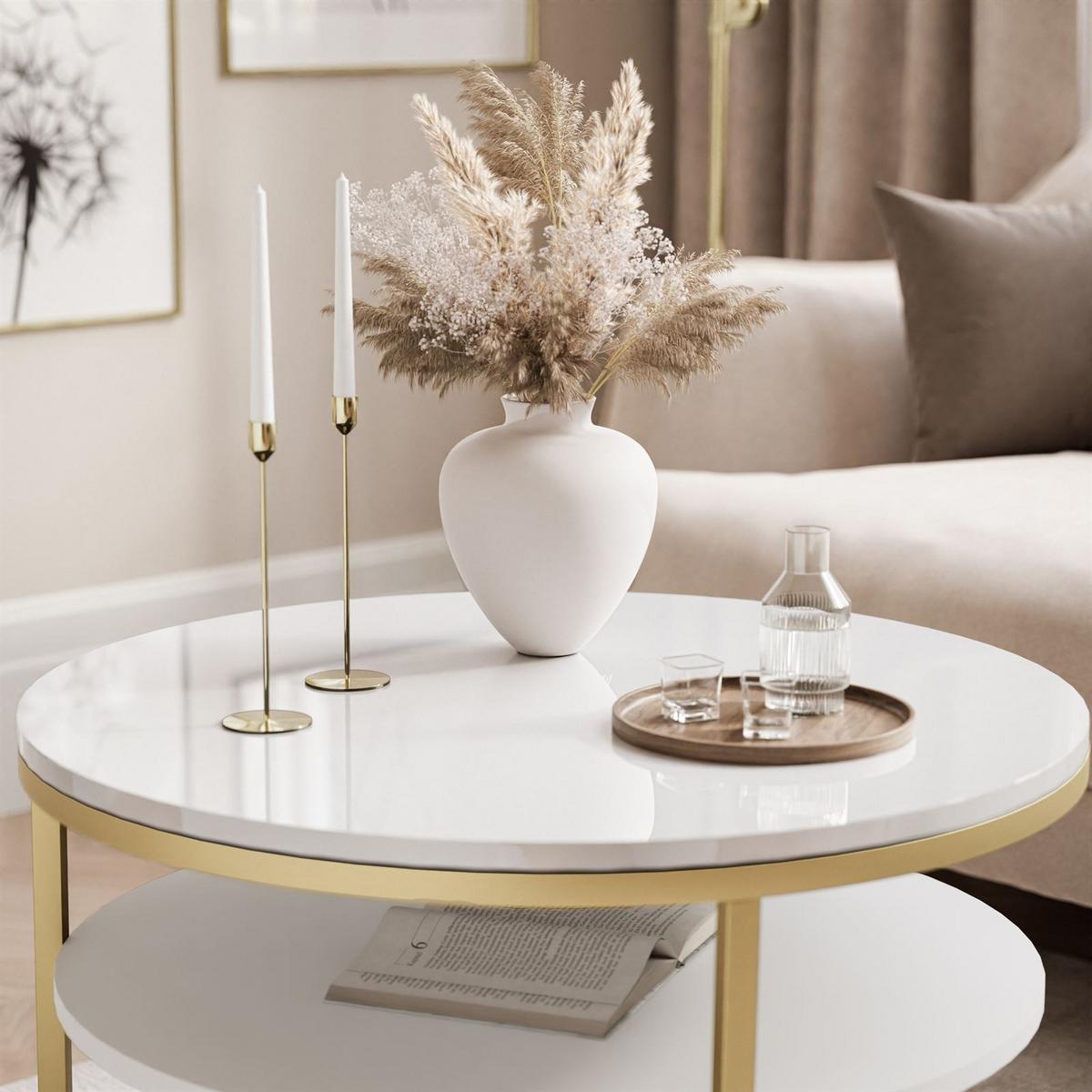 COUCHTISCH CIRI SLIM mit Regal Hochglanz - Goldfarben/Weiß, Holzwerkstoff (60/60/42cm) - Lookway