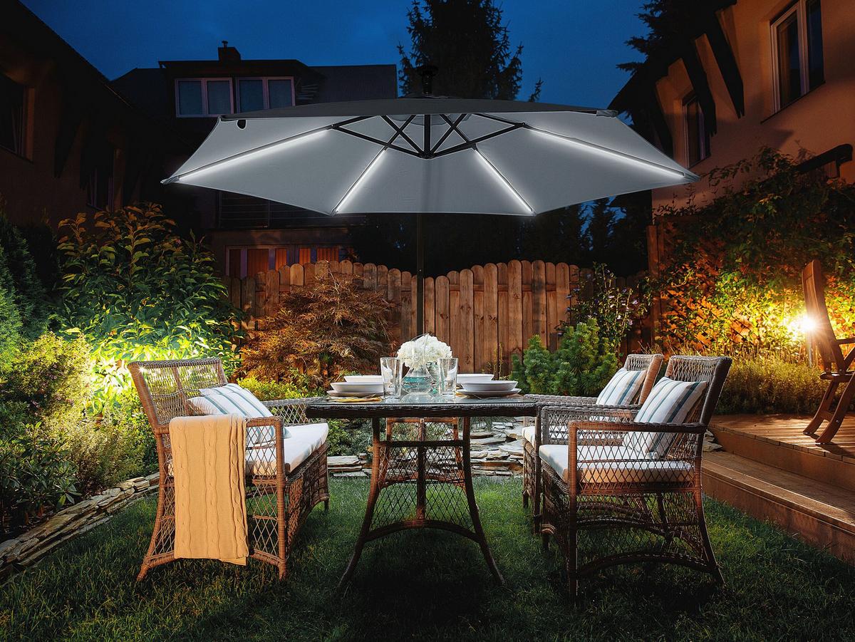 SONNENSCHIRM LED Solar Beleuchtung graphitgrau 285 cm Corval - Grau, Textil (285/285cm) - Beliani