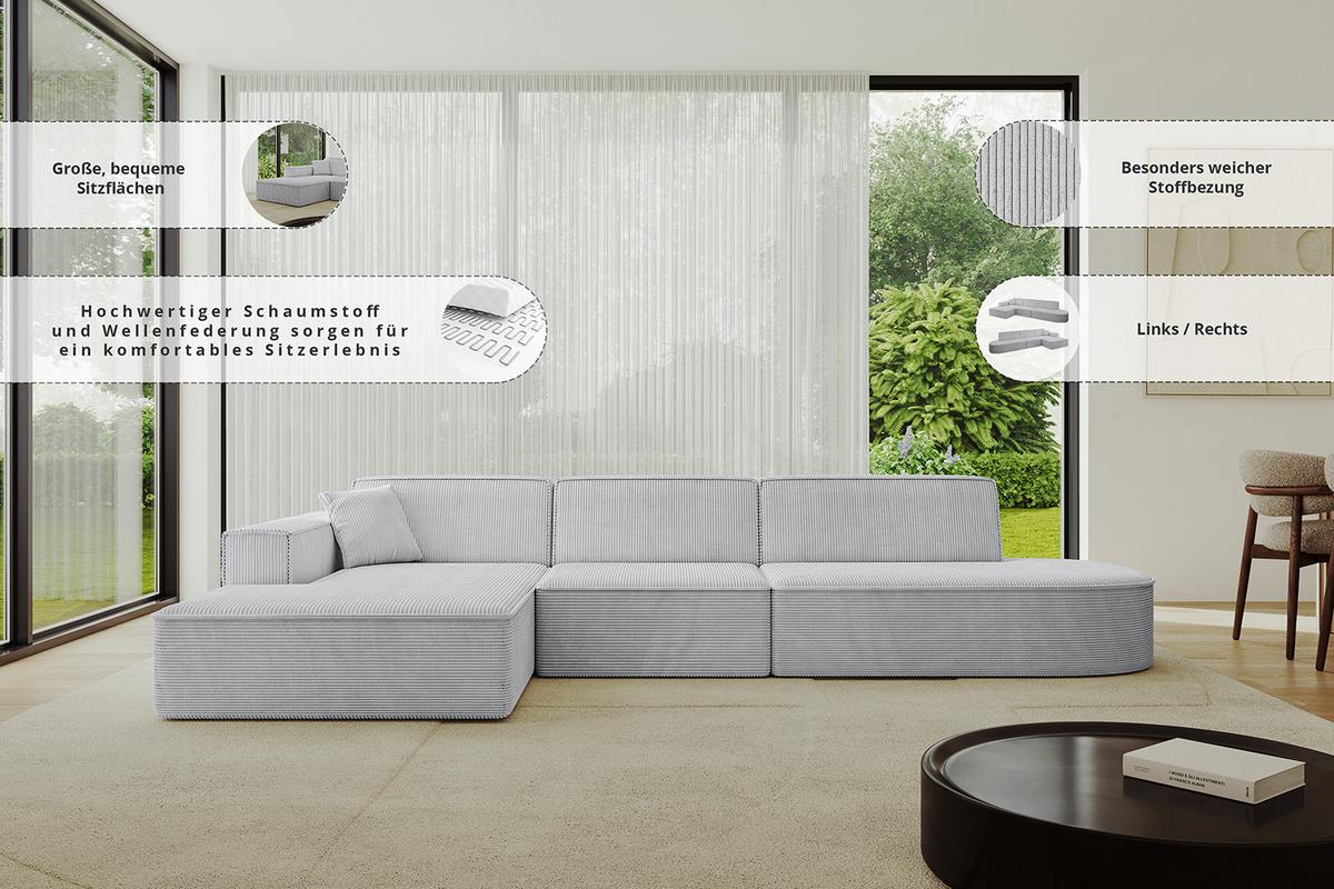 ECKSOFA Ottomane Links IREA-L2-v4 - 327x165x77 cm Grün - Platinfarben, Holzwerkstoff/Textil (327/165cm) - ALTDECOR