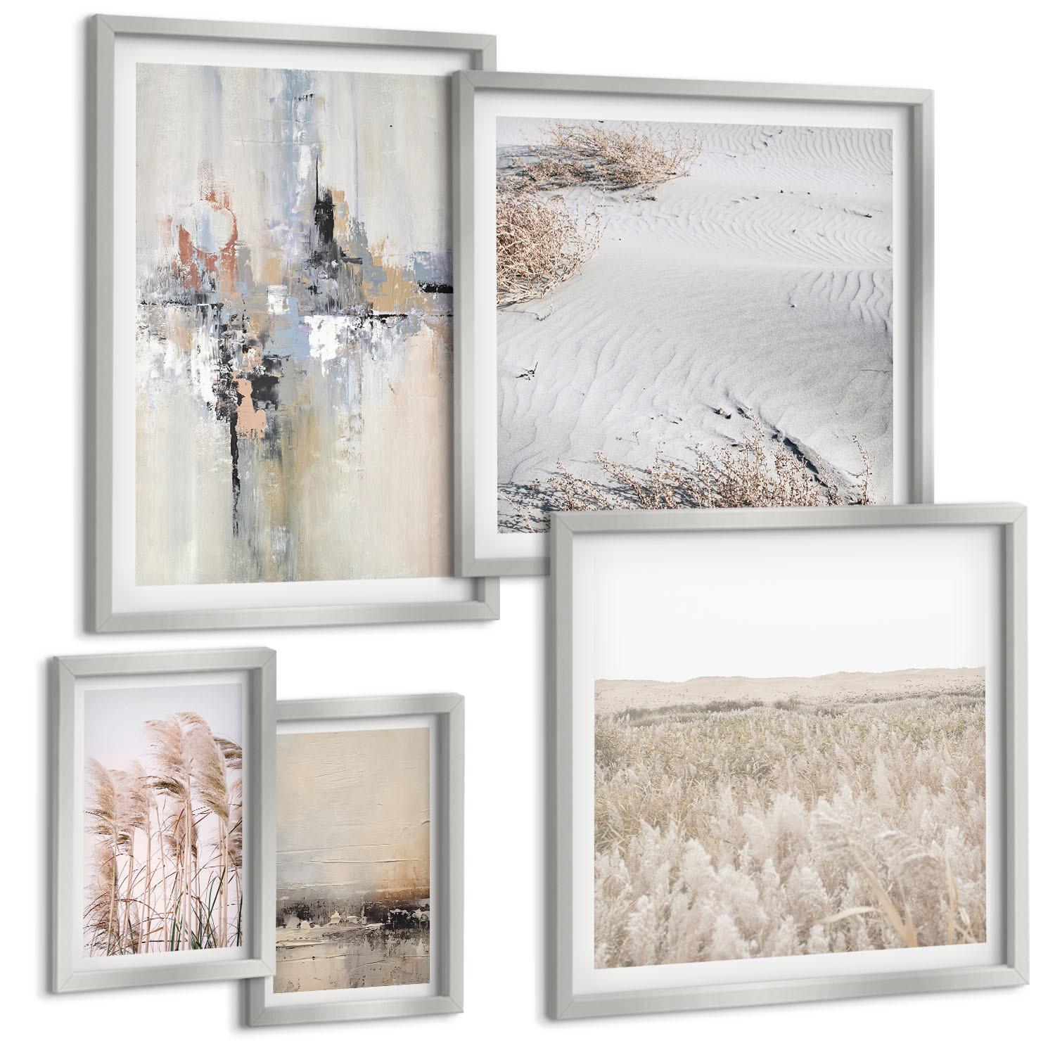 BILDER SET 5er Set - 50x50 cm & 20x30 cm & 40x60 cm Silberner Rahmen - Abstrakte Vegetationsmuster - Silberfarben, Kunststoff (40/60cm) - TULUP