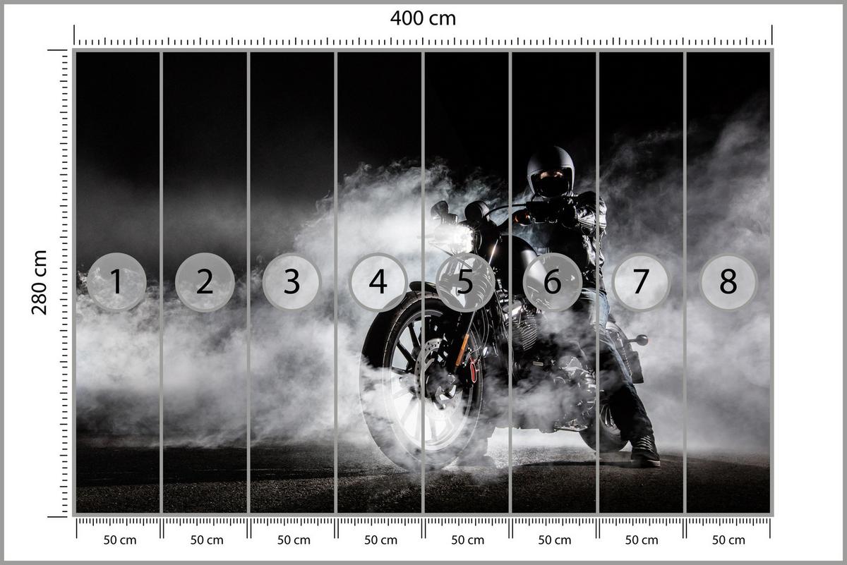 FOTOTAPETE für Jugendzimmer Motorrad Nebel Mann Straße Rauch Sport Action 400x280 - Schwarz/Weiß, Papier (400/280cm) - Muralo