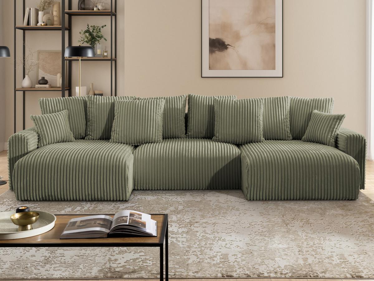 WOHNLANDSCHAFT Calma mit Schlaffunktion und Bettkasten im Bumpy-Design aus weichem Olive Plüschcord - Beige/Schwarz, Holz/Textil (336/88/140cm) - S-Style
