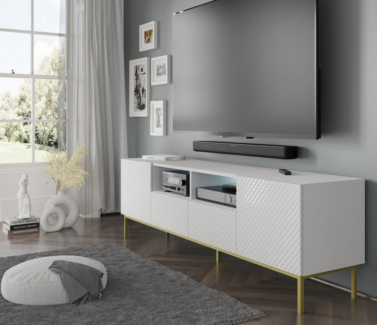 TV LOWBOARD Weiß, Weiß Hochglanz, Gold 200/58/42 - Weiß Hochglanz/Weiß, Holzwerkstoff (200/58/42cm) - RAUMHIRSCH FURNITURE