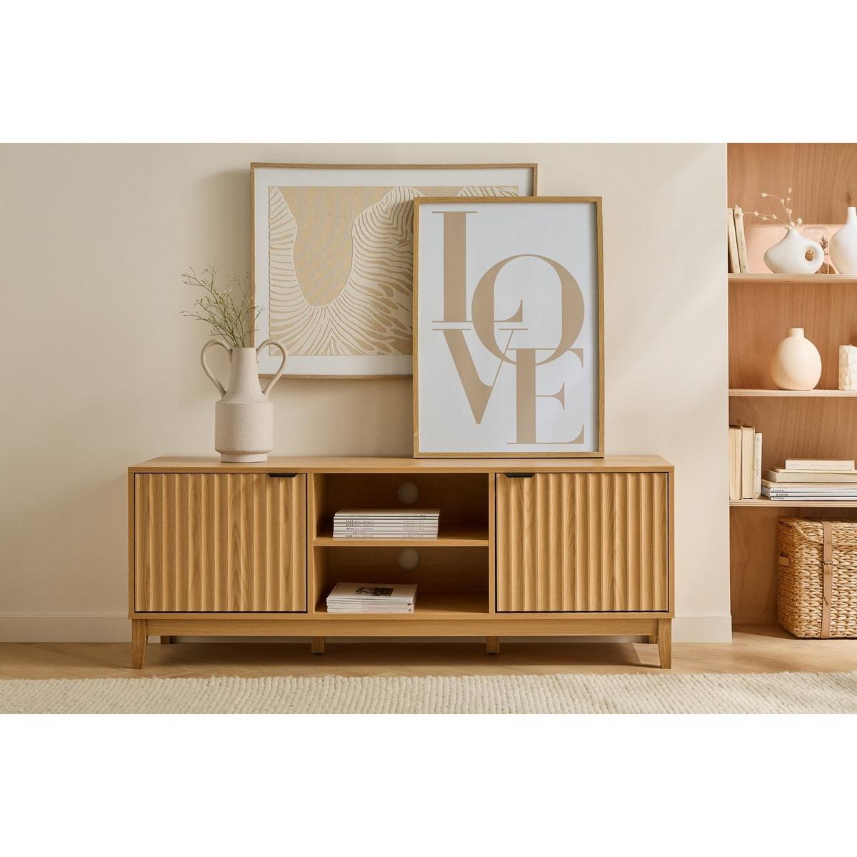 TV-MÖBEL mit 2 offenen Fächern und 2 Türen mit geriffelter Front bologne 40/52/140 cm - Eiche Bianco, Holzwerkstoff (140/52/46cm) - Calicosy