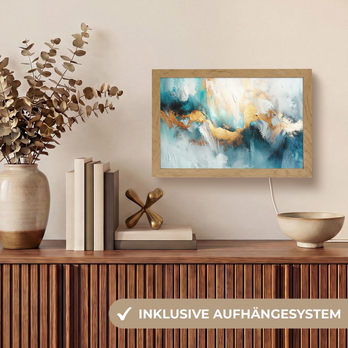 WANDLEUCHTE Abstrakt - Kunst - Gold - Blau 30x20 cm - Türkis, Holzwerkstoff (30/20/8cm) - OnlyWow