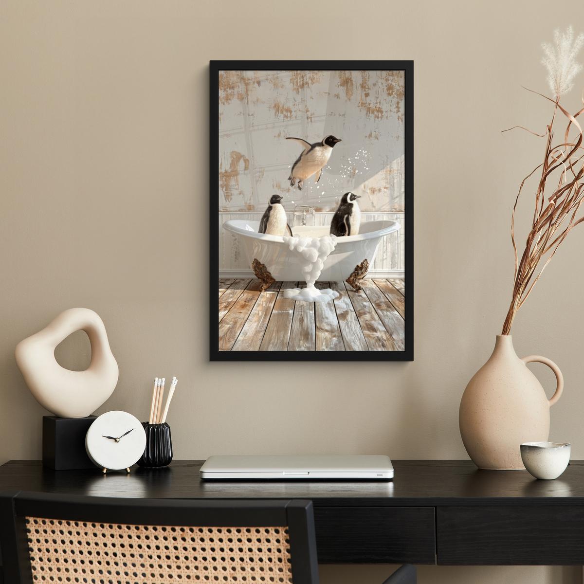 POSTER MIT RAHMEN Vintage - Pinguin - Badewanne - Schaumstoff Bilder mit Rahmen 40x60 cm - Schwarz, Papier (40/60cm) - MuchoWow