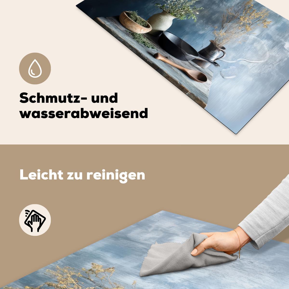 HERDABDECKPLATTE Stilleben - Kräuter - Rustikal Induktionsschutz 91.2x52 cm - Blaugrau, Kunststoff (91.2/52/0.2cm) - MuchoWow
