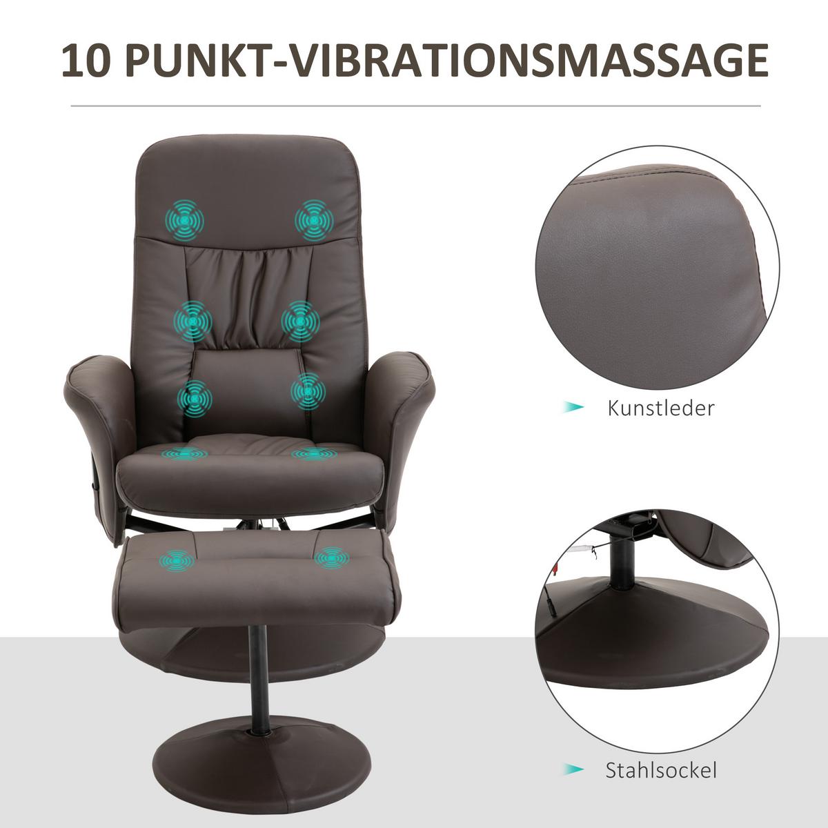 RELAXSESSEL Massagesessel mit Liegefunktion Fußhocker Stauraum TV-Sessel Braun - Schwarz/Braun, Metall (81/105/76cm) - HOMCOM
