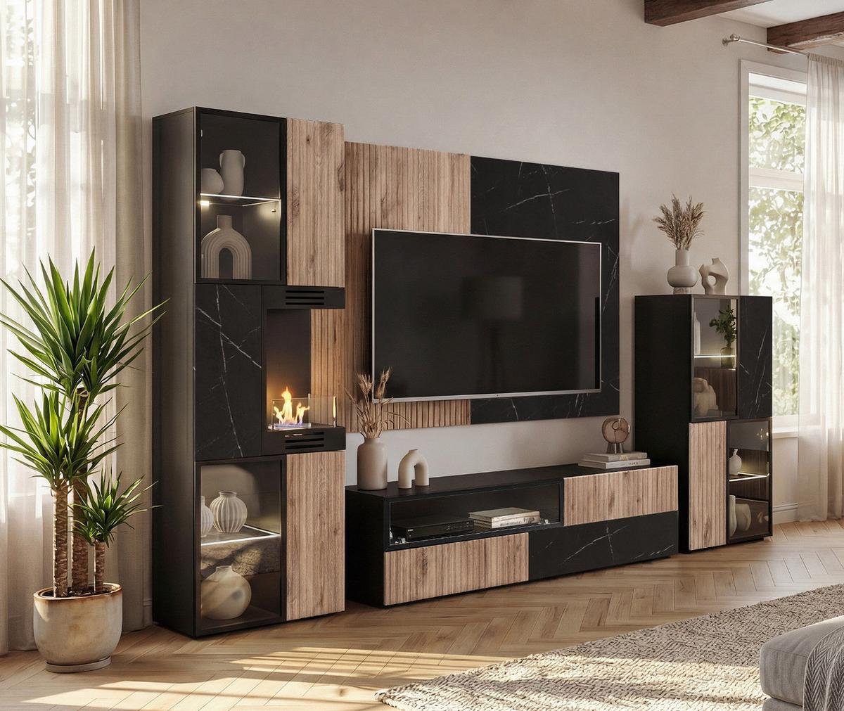 WOHNWAND Eiche, Marmor schwarz 300 cm, Anbauwand inklusive Ethanol Kamin - Eichefarben/Schwarz, Glas/Holzwerkstoff (300/182/45cm) - Inn.Furn