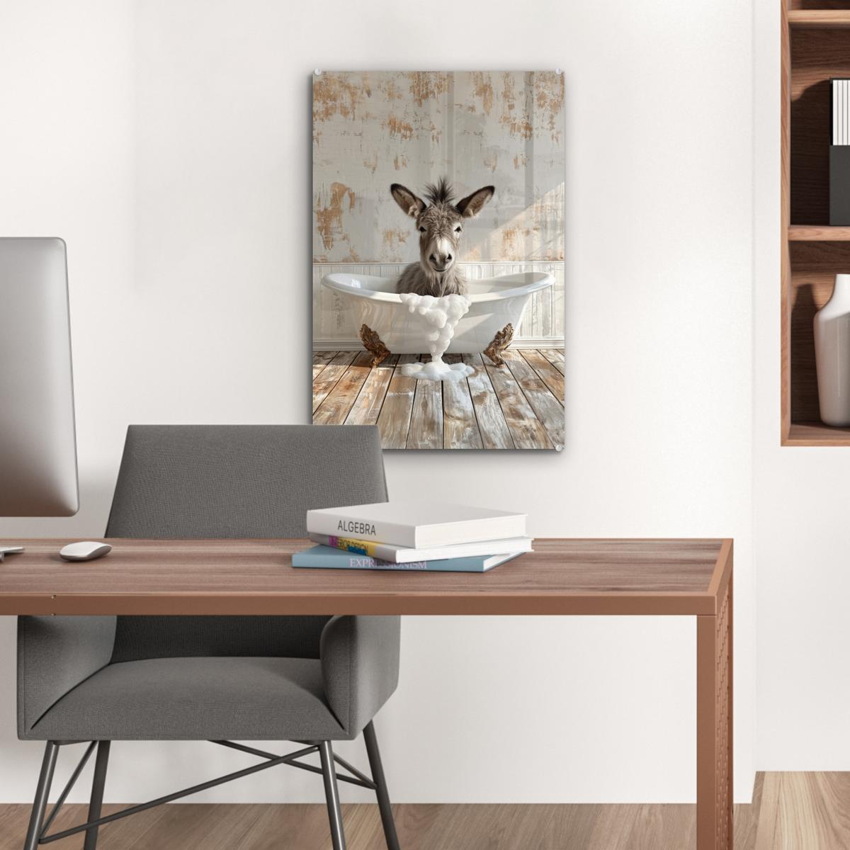ACRYLGLASBILD Esel - Tiere - Badewanne - Schaumstoff Wanddeko Wohnzimmer 40x60 cm - Weiß, Glas (40/60cm) - MuchoWow