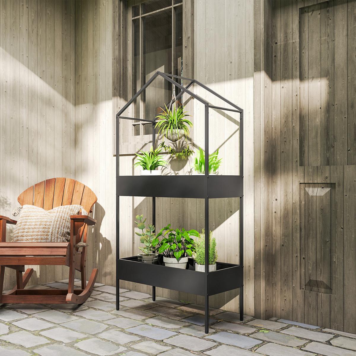 2-ETAGEN Pflanzenständer in Hausform, 150 cm hoch Blumenständer mit Haken - Schwarz, Kunststoff/Metall (35/150/75cm) - Outsunny