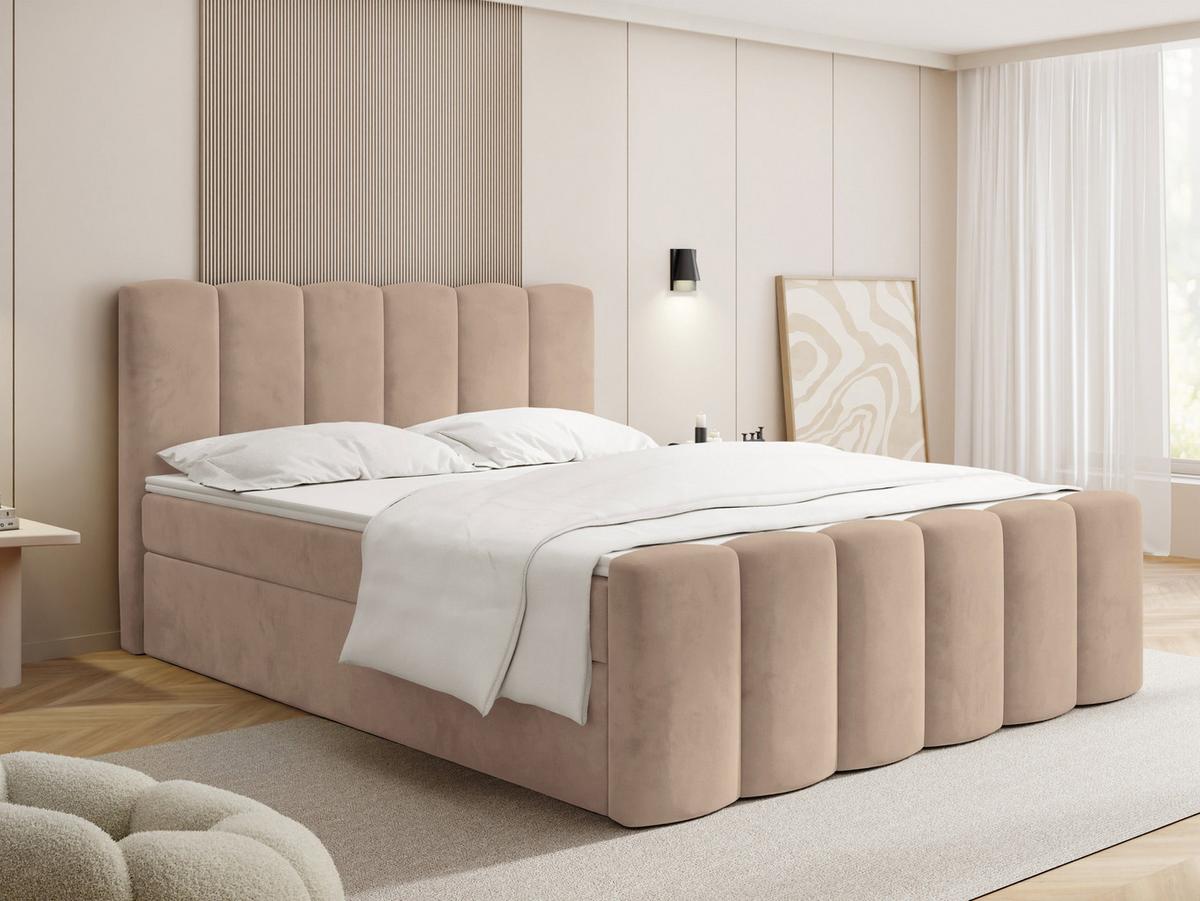 BOXBETT Serenity mit Bettkasten, Dunkelbeige Samt 120x200 cm – inkl. H4 Taschenfederkern Matratze & Foam Topper - Hellbraun/Schwarz, Holz/Holzwerkstoff (120/200cm) - WFL GROUP