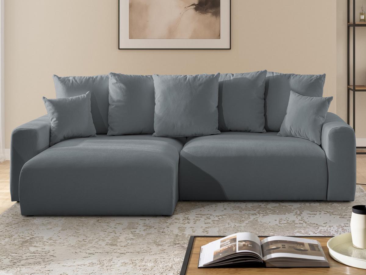 ECKSOFA Calma mit Schlaffunktion und Bettkasten im Bumpy-Design aus weichem Dunkelgrau Webstoff - Ottomane links - Dunkelgrau/Schwarz, Holz/Kunststoff (239/140cm) - S-Style