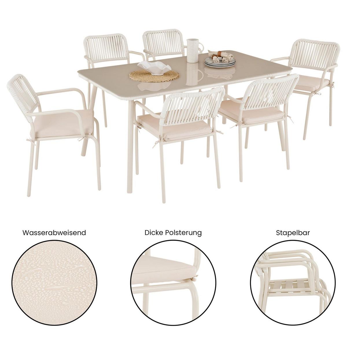 GARTENMÖBEL SET VOLONTE 7er Set beige, cremeweiß - Beige, Glas/Metall - IDIMEX