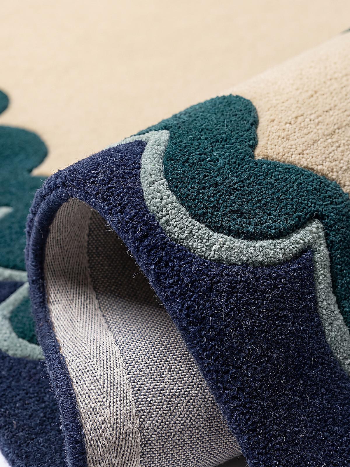 WOLLTEPPICH handgetuftet WAVENEY, Zickzack-Wellenbordüre, Petrol, 140 x 200 cm - Türkis, Textil (140/200cm) - KADIMA DESIGN