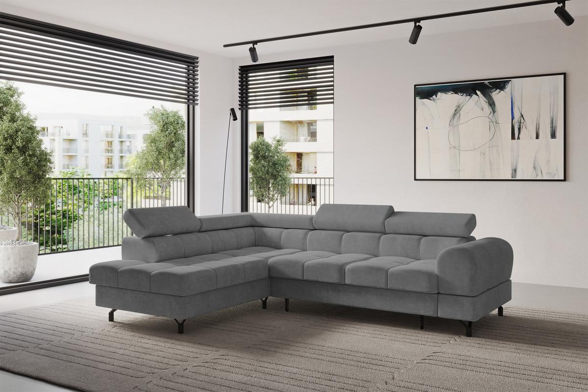 ECKSOFA mit Schlaffunktion Ottomane Links LUMA-L 272x203x70 Grau Velours - Schwarz/Grau, Holzwerkstoff/Kunststoff (272/203cm) - ALTDECOR