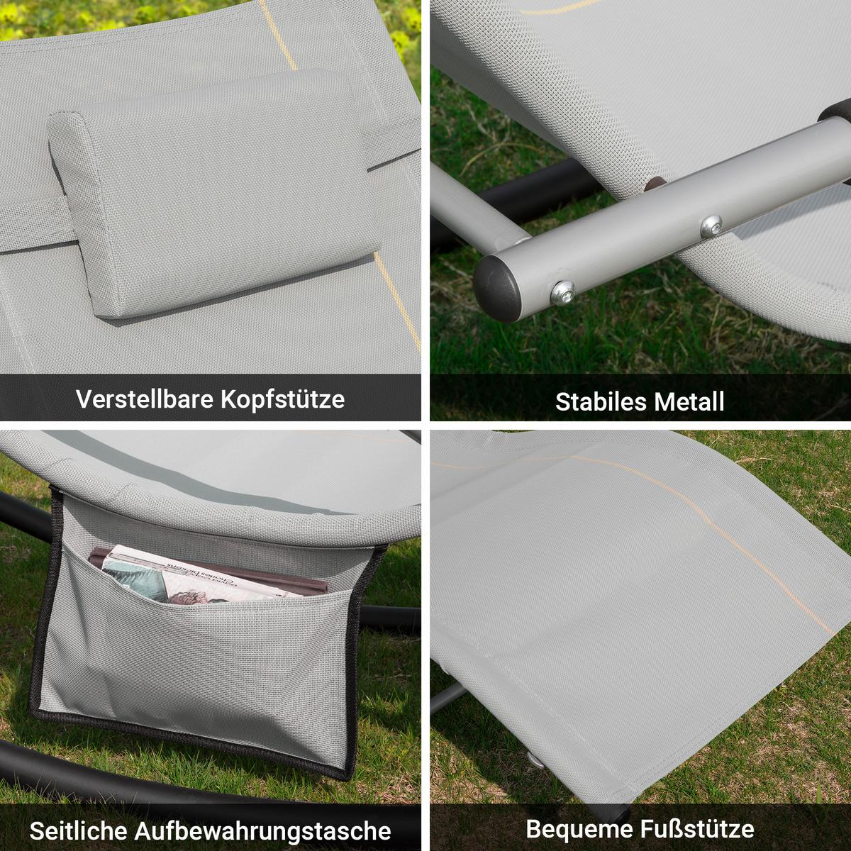 SONNENLIEGE mit Kopfkissen, Gartenliege bis 150kg, Hellgrau - Grau, Metall (63/87/150cm) - SoBuy