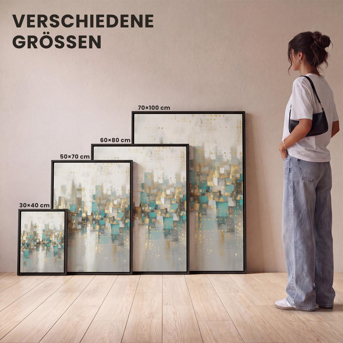 LEINWAND Bilder mit Rahmen - Abstrakt - Blöcke - Gold - Skyline - 30x40 - Beige, Textil (30/40cm) - MuchoWow