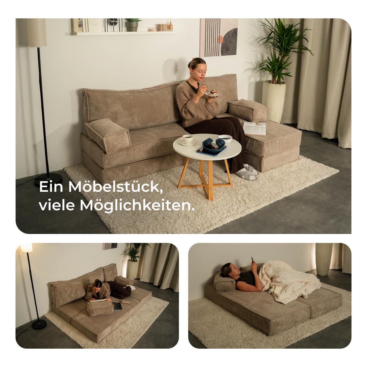 ECKSOFA NOTIA modulares Boneless Sofa mit Schlaffunktion Braun Cordstoff - Braun, Textil (200/120cm) - MASSENO