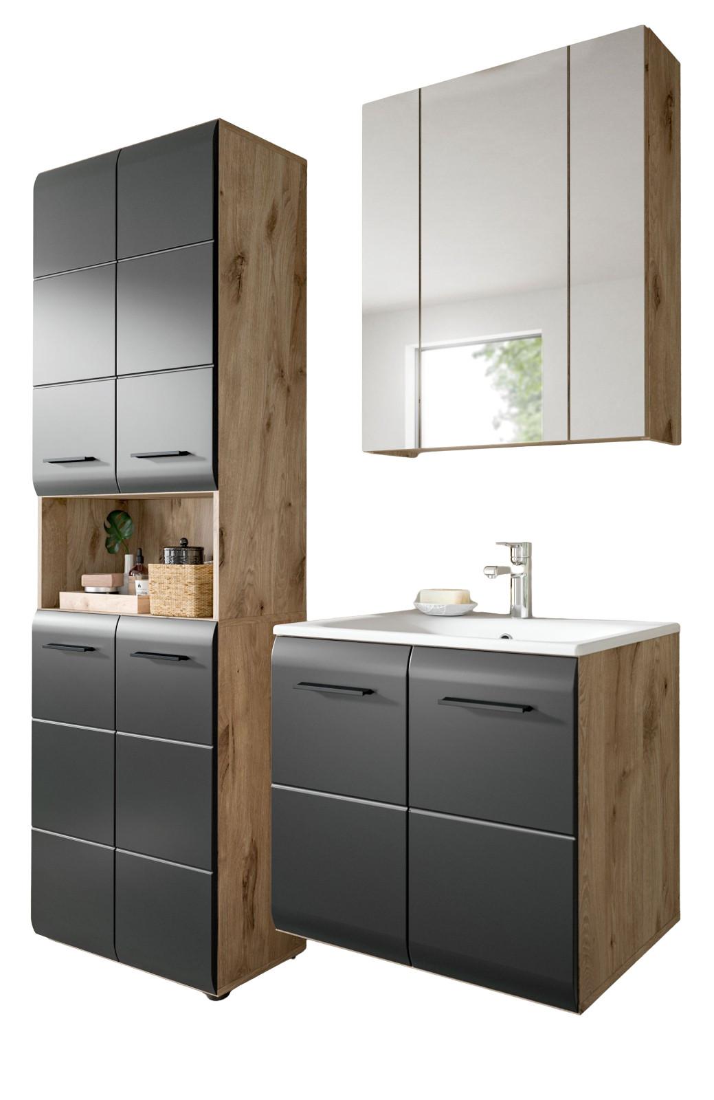 BADMÖBEL-SET 3-teilig schwarz matt, Nox Eiche, Badkombination 135 cm inklusive Waschbecken - Eichefarben/Schwarz, Glas/Holzwerkstoff (135/185/46cm) - Inn.Furn
