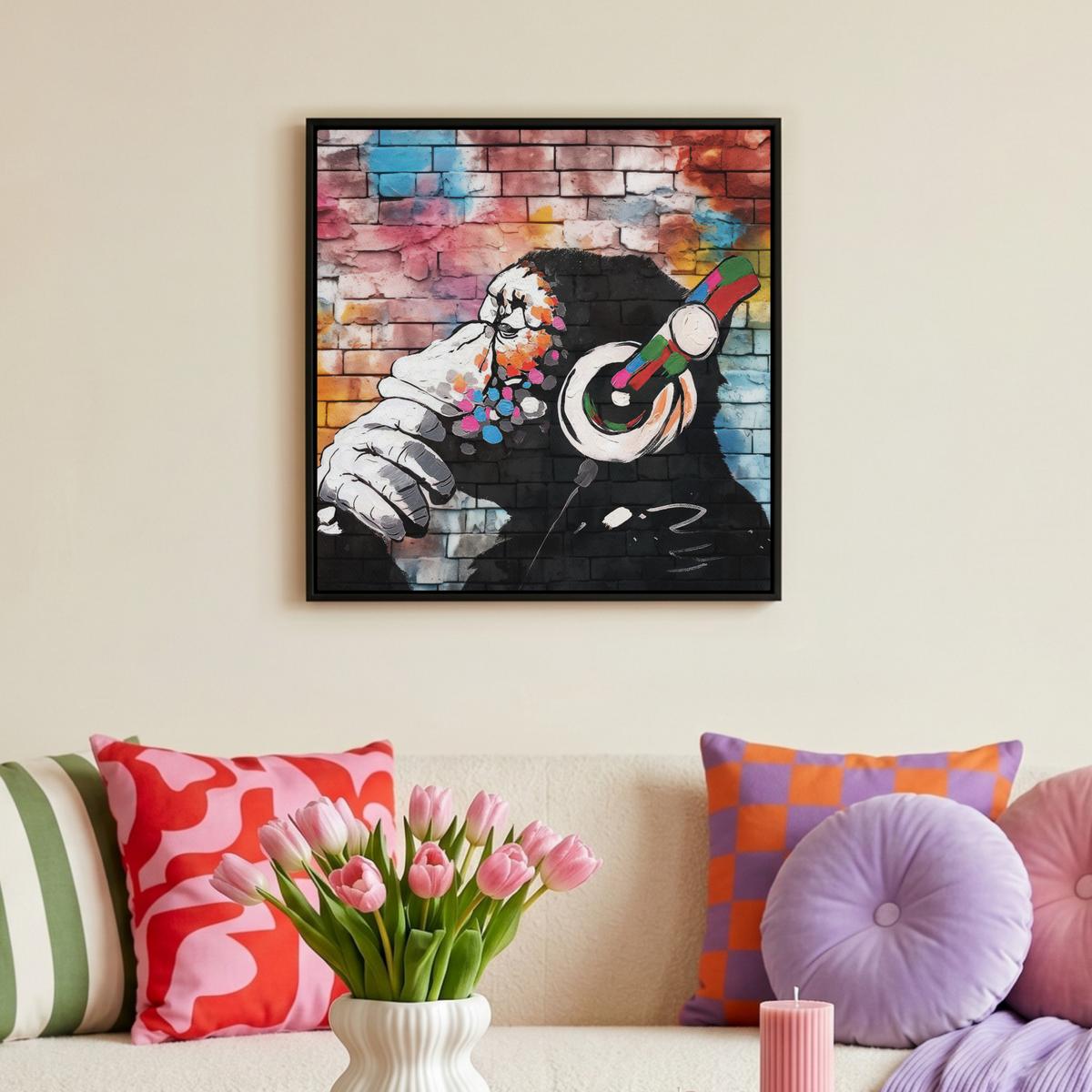 LEINWAND Bilder mit Rahmen - Affe - Graffiti - Musik - 50x50 - Multicolor, Textil (50/50cm) - MuchoWow